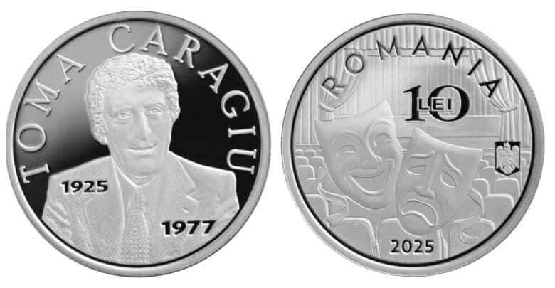 Monedă comemorativă România 10 lei, portret Carol I, design festiv 2025, simboluri teatrale și istorie națională, monede de colecție, numismatică, Ora de Sibiu.