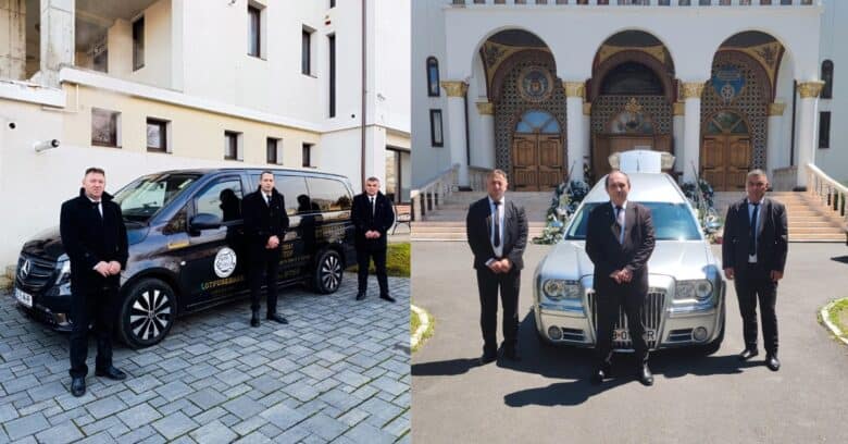 Mercedes-Benz funerare negru cu angajați în fața unui imobil modern - serviciile de înmormântare profesionale Ora de Sibiu.