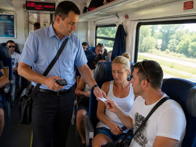 Controlor CFR verificând biletul unor călători într-un tren