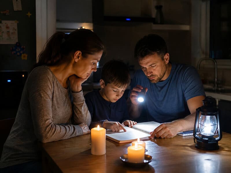 Familie citind la lumina lumânărilor și a unei lanterne, în timpul unei pene de curent, imagine simbol pentru criza energetică