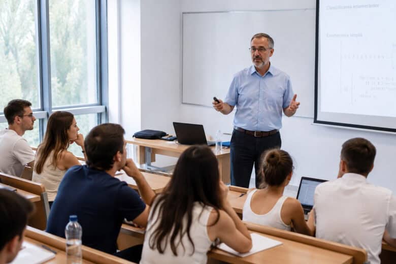 Profesor la catedră, într-o sală de clasă din România