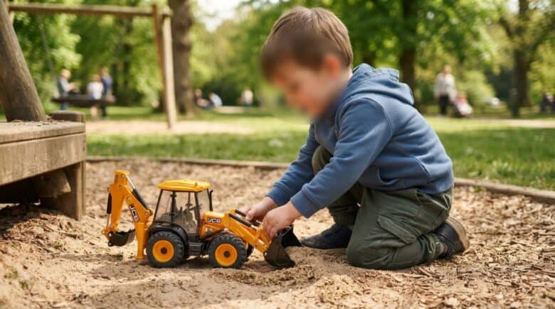 Băiețel jucându-se cu o excavatoare de jucărie galbenă, într-un parc cu nisip
