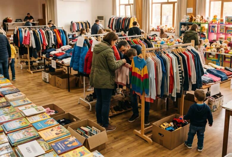 Standuri cu haine și obiecte la un bazar caritabil organizat în Sibiu