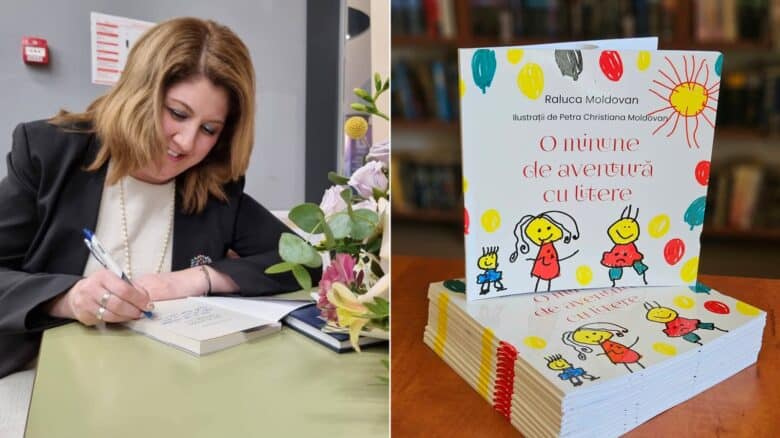 Autoarea dând autografe la lansarea cărții pentru copii, lângă un teanc de volume ilustrate