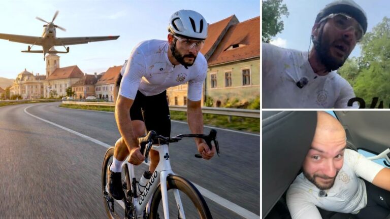 Momentul în care Elie Samaha pedalează prin traficul din Sibiu pentru kürtőskalács